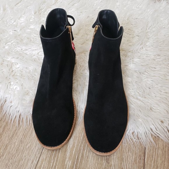 Kate Spade Bellville Black Ankle Booties with Pink Floral Design 10 - Picture 3 of 9